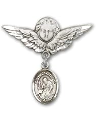 Sterling Silver Baby Badge with St. Alphonsus Charm and Angel with Wings Badge Pin
