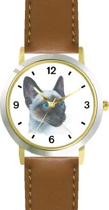 Siamese Cat - JP - WATCHBUDDY® DELUXE TWO-TONE THEME WATCH - Arabic Numbers - Brown Leather Strap-Size-Large ( Men