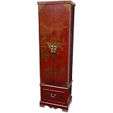Tall Floor Jewelry Armoire in Antique Red Lacquer