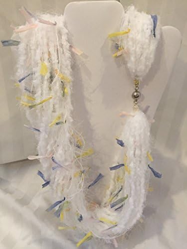 Absolutely stunning Necklace- Trendy Winter White with Blue, Pale Pink &amp; Yellow Flag yarn - Stranded. Handmade Necklace - BoHo Chic Soft &amp; Fluffy