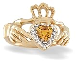 14K Yellow Gold Genuine Heart Citrine and Diamond Celtic Claddagh Ring