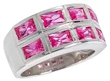 Sterling Silver Double Row Emerald Cut Pink Tourmaline Colored CZ Ring