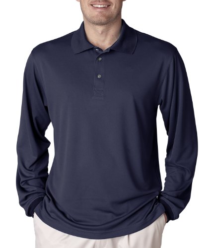 Men's Cool & Dry Mesh Sport Long-Sleeve Polo (White) (Medium)