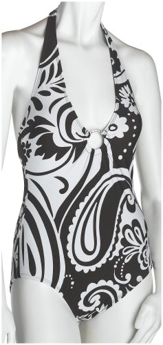 Speedo Women's Aquatic Resort Lycra Curacao Halter With Ring Allover Print Tummy Control One Piece Swimsuit
