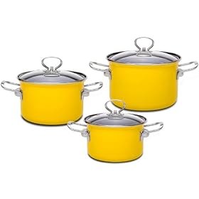 Flox Cookware Set Enamel Coating Non Toxic, Induction, 3 Piece with glass lids/yellow