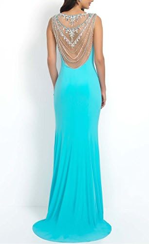 Sherrydress Women's Sheer Mesh Yoke Illusion Beading Jersey Knit Sheath Gown