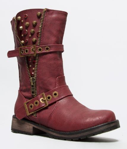 ROCKER-17 Studded Spike Buckle Zipper Detailed Motorcycle Biker Riding Boot,6 B(M) US,Red-17