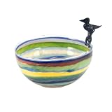 Jim Loewer Glass Handmade 6-inch Bowl with Bird, Multicolor Stripes