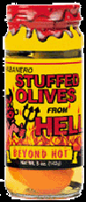 Habanero Stuffed Olives From Hell - Martinis were never so potent. Each queen olive is stuffed with a chunk of habanero pepper to bring out the sinner in every saint.