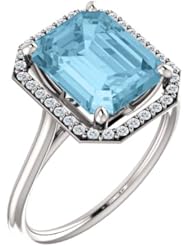 14K White Gold 10.00x8.00mm Emerald Cut Aquamarine and Diamond Halo-Style Ring -- LIFETIME WARRANTY