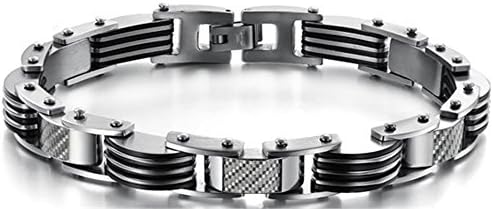 LUNA Stainless Steel Silver Black Carbon Fiber Mens Bike Chains Bracelet 8"