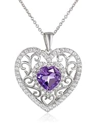 Sterling Silver Heart Shape Amethyst Round Created White Sapphire Heart Pendant Necklace, 18"