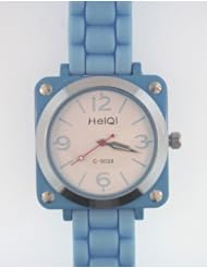 Light Blue Watch with Large Square Case and Screws on Each Corner with Round Face Center. Silicone Rubber Gel Watch Link Look Ceramic Style. Color of Casing Coordinates with Band Color. Handles are Glow in the Dark.