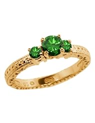 0.79 Ct Round Green SI1/SI2 Diamond 18K Yellow Gold 3-Stone Ring