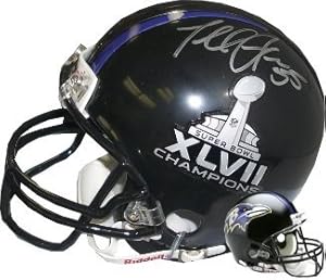 Terrell Suggs Autographed/Hand Signed Baltimore Ravens & SB XLVII Champs Logo Black Replica Mini Hel