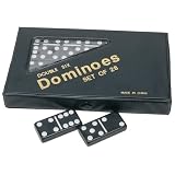 DOUBLE 6 Dominoes Black tiles with white dots in black vinyl case