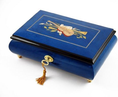 Impressive Royal Blue Instrument and Floral Wood Inlay 30 Note Musical Jewelry Box with 30 Note Tune-Brahms Lullaby