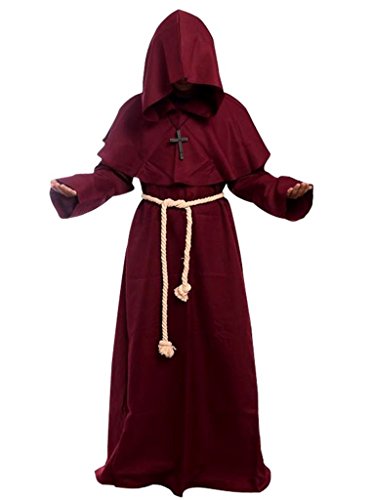 Friar Medieval Hooded Monk Renaissance Priest Robe Costume Cosplay burgundy S