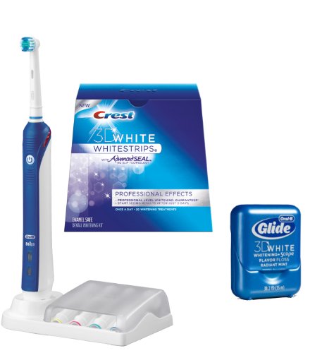 Oral-B 3000 Professional Care 3000 Electric Toothbrush, White and Blue, And Oral-B Glide Pro-Health Clinical Protection Floss 38.2 yd, With Crest 3D White Whitestrips With Advanced Seal Professional Effects Enamel Safe Dental Whitening Kit, 20-count box