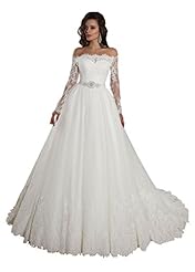 A-line Satin/Tulle Long Sleeves Off the Shoulder Natural   Waistline Applique Lace Beaded Wedding Dress 