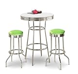 Chrome Bar Table & 2 Chrome Glitter Green Vinyl Seat Barstools