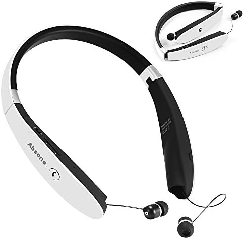 Bluetooth Headset Wireless Stereo Headphones with Foldable Neckband Retractable Earbuds Earphones (White)