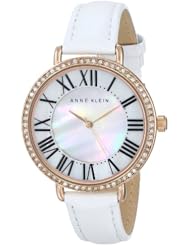 Anne Klein Womens AK/1616RGWT Swarovski Crystal Accented Rose Gold-Tone White Leather Strap Watch
