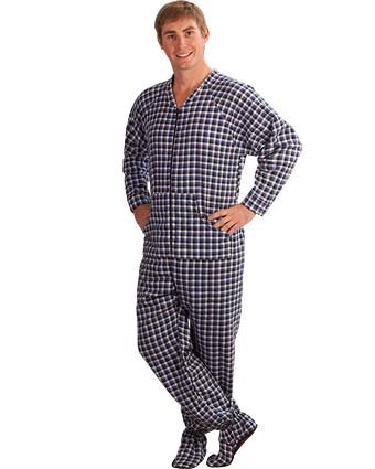 PajamaCity Black and Blue Gingham Plaid Cotton Flannel Adult Footie Pajamas