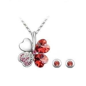 Parure Collier et Clous d'Oreille Trèfle 4 feuilles Coeur Porte-Bonheur en Cristal de Swarovski et chaîne en plaqué Or blanc 18 carats - Rouge