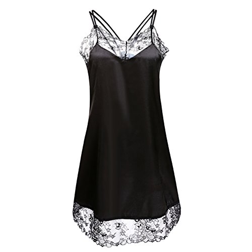 Ekouaer Sexy Lingerie Women's Sleepwear Satin Lace Chemise Nightgown(Black,M)