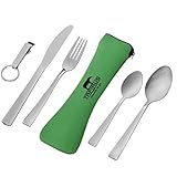 Tapirus Utensils to Go 5-in-1 Stainless Steel Camping Utensil Set (Fork, Knife, Spoon, Teaspoon, Bottle Opener) + Green Neoprene Case. Portable Lightweight Camping & Travel Cutlery Set