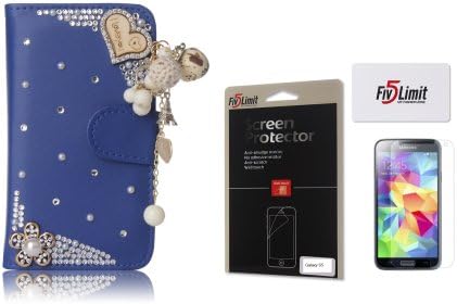 FiveLimit inc(TM) Rhinestone Samsung Galaxy S5 i9600 Bling Case 3D Love Heart Premium PU Leather Flip Wallet Case With Card Holder Design for Girls (Fits:Samsung Galaxy S5 i9600), Package includes: 1 X FiveLimit(TM)Screen Protector, (Blue)