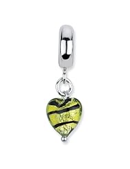 Sterling Silver s Heart Lime Stripe Ital Murano Dangle Bead by Reflection Beads, Best Quality Free Gift Box Satisfaction Guaranteed