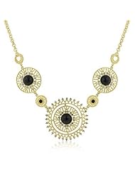 Alexander James Round onyx cabochon bezel set into three main stations along this fabulous statement necklace. Open-faced filigree stations with intricate patchwork and center station trimmed with clear crystals. Four smaller accent stations with two featuring round onyx cabs. Genuine 14k gold plated 16-inch necklace.