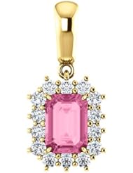 18K Yellow Gold 7.00x5.00mm Emerald Cut Chatham Created Pink Sapphire and Diamond Pendant -- LIFETIME WARRANTY