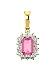 10K Yellow Gold 7.00x5.00mm Emerald Cut Chatham Created Pink Sapphire and Diamond Pendant -- LIFETIME WARRANTY