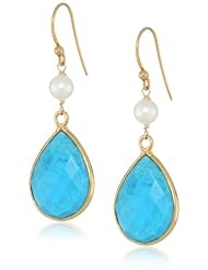 Faceted Gemstone Pear Shape Bezel with White Freshwater Cultured Pearl and Gold over Silver Ear Wire Drop Earrings