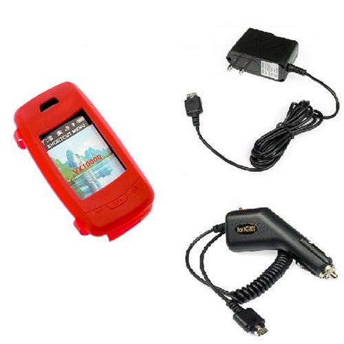 Red Durable Flexible Soft Silicone Skin Case + Rapid Car Charger + Home Travel Charger For LG VX10000 Voyager Cell Phone