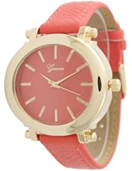 Womens Geneva Large Oval Leather Watch - Coral