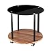 Premier Housewares Round Side Table 2 Tier with Walnut Veneer Base/Black Glass Top/Wheels, 45 x 50 x 50 cm