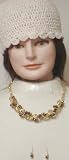 Hand Crocheted Ivory Chenille and Gimp Tweed Skull Cap Offered with Gold Plated Short Chain Necklace with Light Amber Crystals Matching Earrings