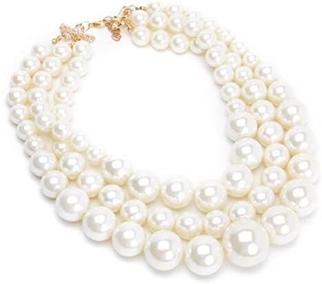 Fancy Noble Big White Pearl Resin Multi Strand 3 Layer Chunky Wedding Necklace