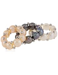 White, Pink and Peacock Freshwater Cultured Pearl Stretch Ring with Sterling Silver Beads (6-6.5mm), Set of 3