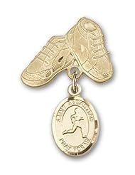 14K Gold Baby Badge with St. Sebastian/Track & Field Charm and Baby Boots Pin