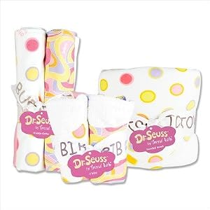 DR. SEUSS PINK OH! THE PLACES YOU\’LL GO! BATH AND BURP SET – HOODED TOWEL, 5 PACK WASH CLOTHS AND 4 PACK BURP CLOTHS – Hooded Towel – White Terry With Pink Dot Print Percale; 32\” x 30\” Wash Cloths – 5 Pack Set: Dot Print Percale (2), Stripe Print Percale (1), Swirl Print Percale (2); 8\” x 8\” Burp Cloths – 4 Pack Set: Pink Swirl Print Percale (1), Dot Print Percale (2), Stripe Twill (1); 13\” x 10\”