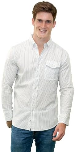 Criquet Shirts Men's Long Sleeve Button Down Stripe Shirt Large White with Blue Stripe