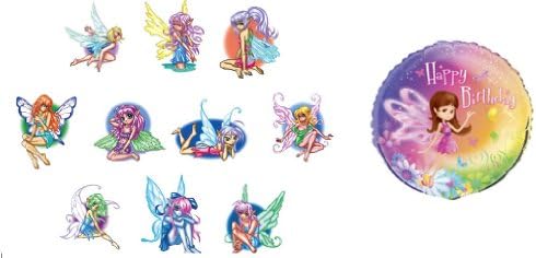 10 Fairies Glitter Tats with Birthday Mylar Balloon - Birthday Fairy Bundle