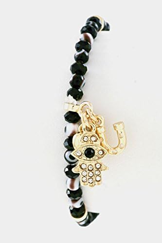 GlitZ Finery Evil Eye with Crystal Stretch Hamsa Multi Charm Stretch Bracelet (Black)