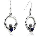 Genuine Dark Blue Lapis Inlay Irish Celtic Claddagh Heart Sterling Silver Hook Earrings