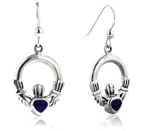 Genuine Dark Blue Lapis Inlay Irish Celtic Claddagh Heart Hook Earrings